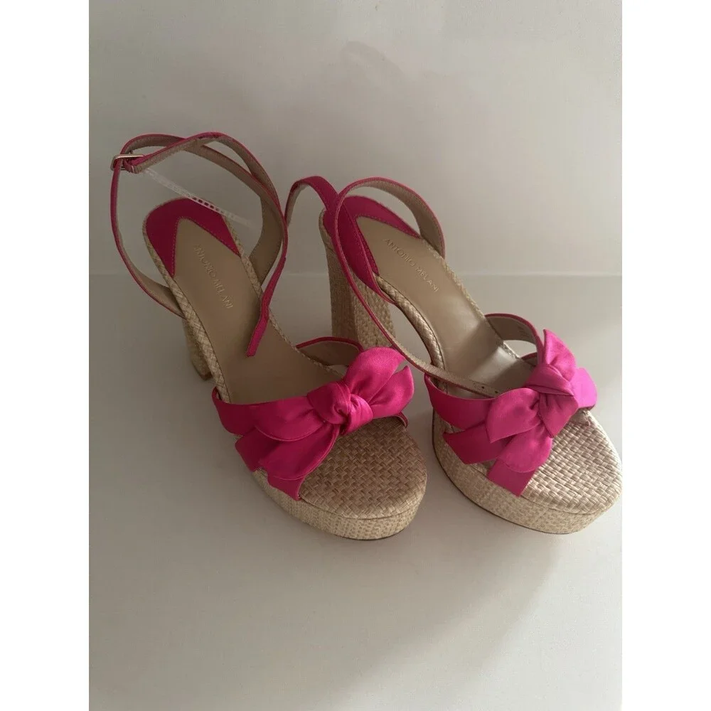 Antonio Melani Bindi Satin Bow Raffia Platform Sandal Hot Pink heel Size 8M NEW